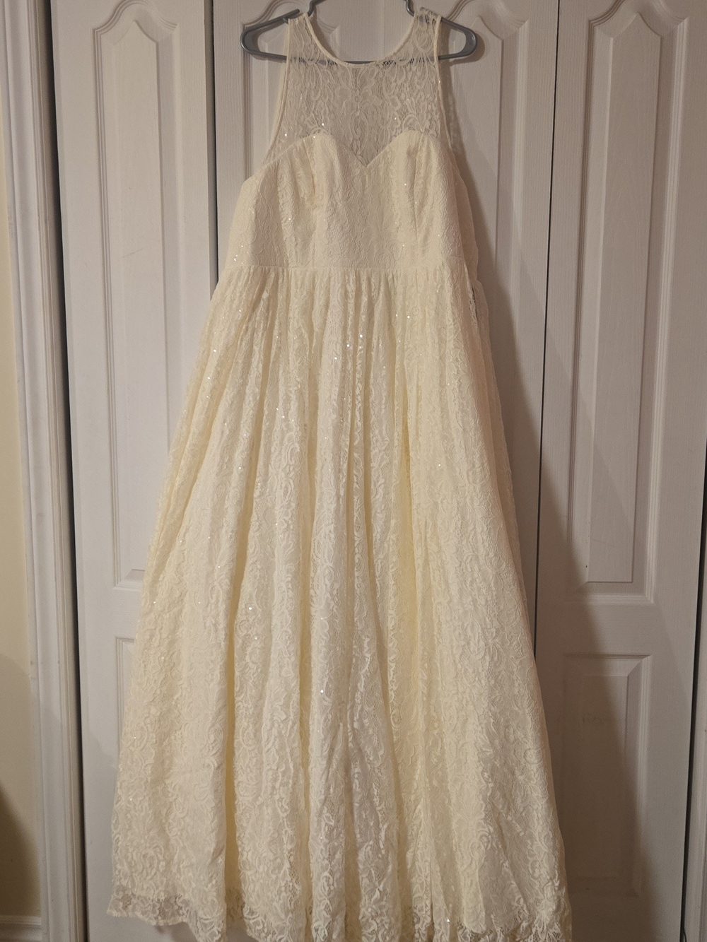 Ivory Lace Sequin Formal Dress for Girls with Sheer Yoke